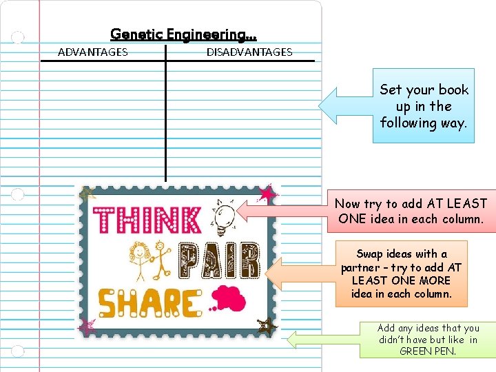 Genetic Engineering. . . ADVANTAGES DISADVANTAGES Set your book up in the following way.