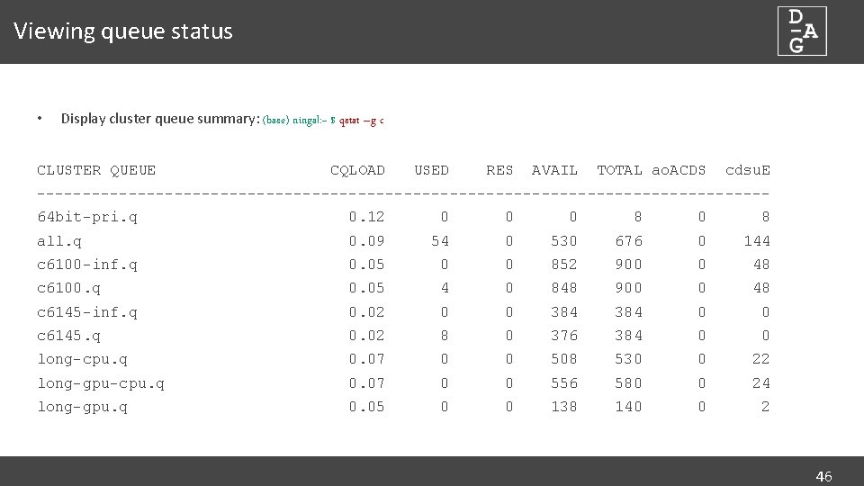 Viewing queue status • Display cluster queue summary: (base) ningal: ~ $ qstat –g