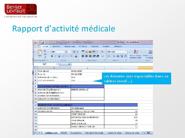 Rapport d’activité médicale Les données sont exportables dans un tableur (excel …). 25 