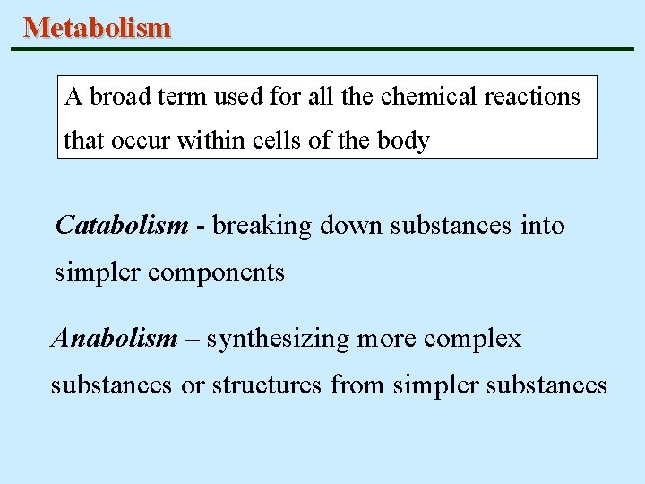 Metabolism A broad term used for all the chemical reactions that occur within cells