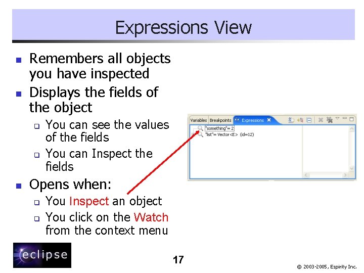 Expressions View n n Remembers all objects you have inspected Displays the fields of