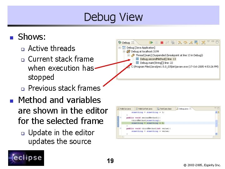 Debug View n Shows: q q q n Active threads Current stack frame when