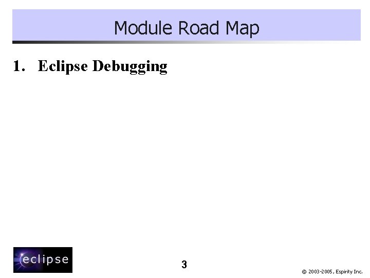 Module Road Map 1. Eclipse Debugging 3 © 2003 -2005, Espirity Inc. 