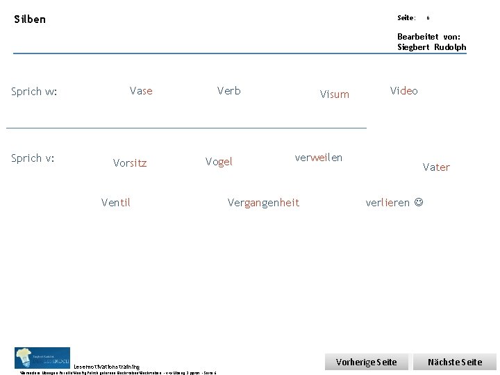 Übungsart: Silben Seite: 6 Bearbeitet von: Siegbert Rudolph Sprich w: Sprich v: Vase Vorsitz