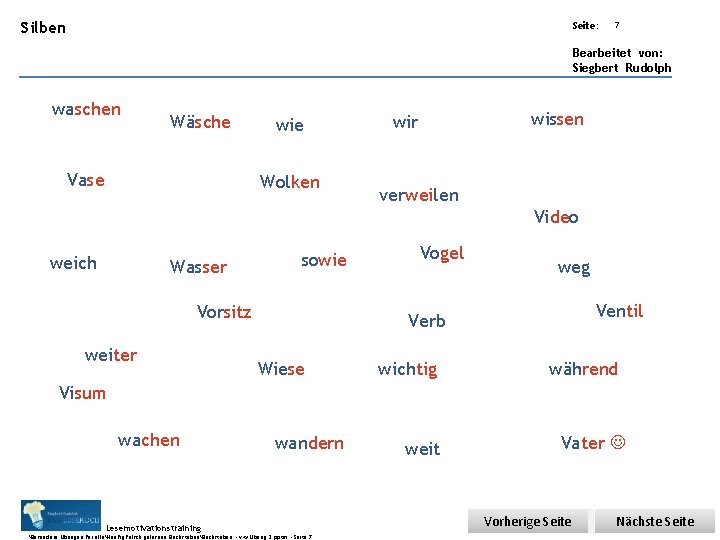 Übungsart: Silben Seite: 7 Bearbeitet von: Siegbert Rudolph waschen Wäsche Vase wie Wolken wissen