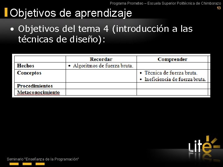 Programa Prometeo – Escuela Superior Politécnica de Chimborazo 13 Objetivos de aprendizaje • Objetivos