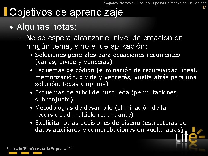 Programa Prometeo – Escuela Superior Politécnica de Chimborazo 17 Objetivos de aprendizaje • Algunas