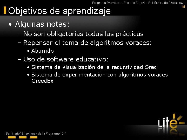 Programa Prometeo – Escuela Superior Politécnica de Chimborazo 18 Objetivos de aprendizaje • Algunas