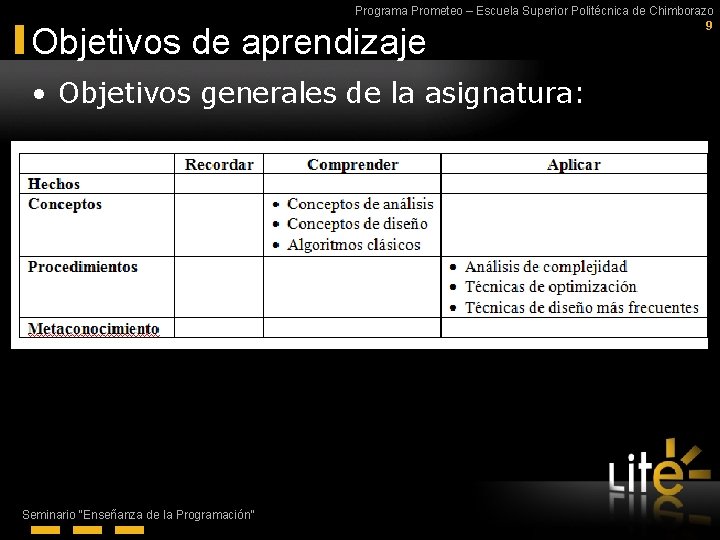 Programa Prometeo – Escuela Superior Politécnica de Chimborazo 9 Objetivos de aprendizaje • Objetivos