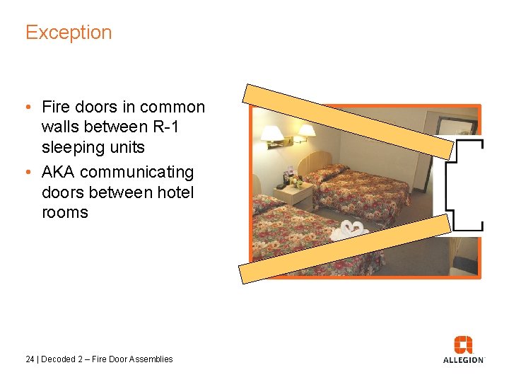 Exception • Fire doors in common walls between R-1 sleeping units • AKA communicating