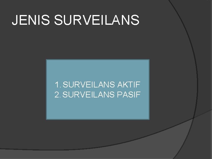 JENIS SURVEILANS 1. SURVEILANS AKTIF 2. SURVEILANS PASIF 