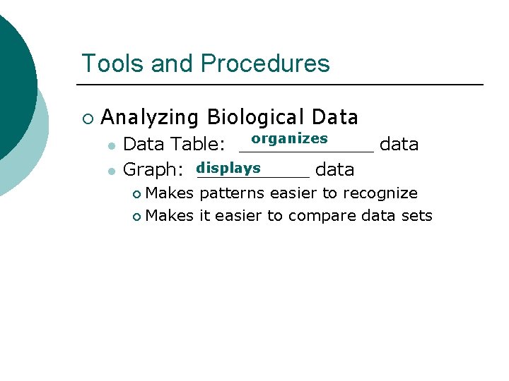 Tools and Procedures ¡ Analyzing Biological Data l l organizes Data Table: ______ data