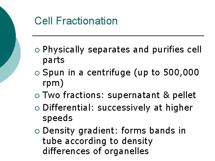Cell Fractionation Physically separates and purifies cell parts ¡ Spun in a centrifuge (up