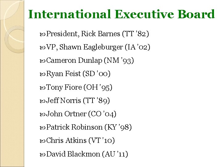 International Executive Board President, Rick Barnes (TT ’ 82) VP, Shawn Eagleburger (IA ’