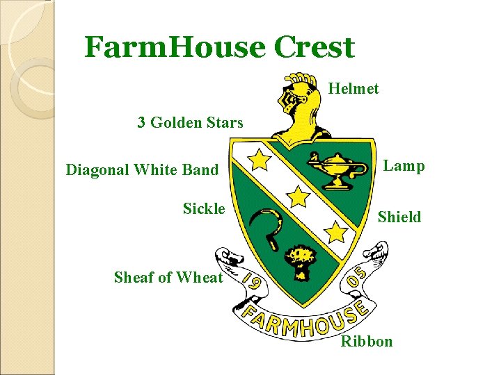 Farm. House Crest Helmet 3 Golden Stars Diagonal White Band Sickle Lamp Shield Sheaf