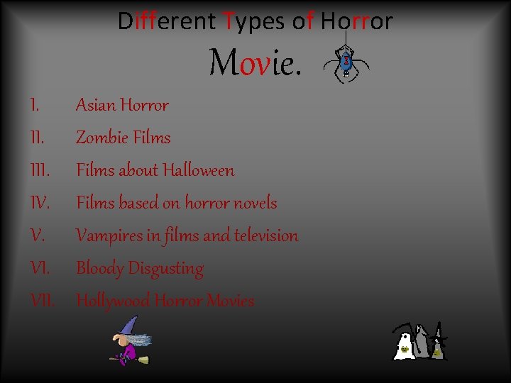 Different Types of Horror Movie. I. III. IV. V. VII. Asian Horror Zombie Films