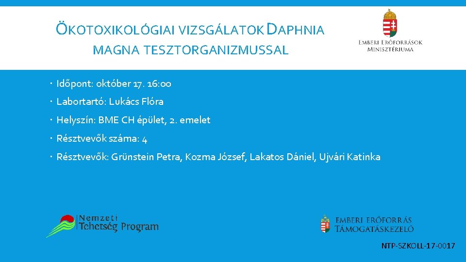 ÖKOTOXIKOLÓGIAI VIZSGÁLATOK DAPHNIA MAGNA TESZTORGANIZMUSSAL Időpont: október 17. 16: 00 Labortartó: Lukács Flóra Helyszín: