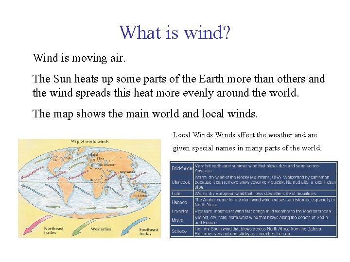 What is wind? Wind is moving air. The Sun heats up some parts of