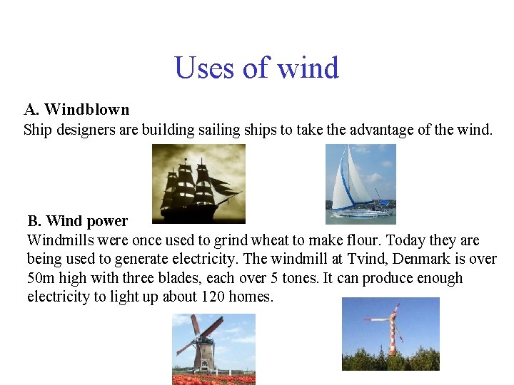 Uses of wind A. Windblown Ship designers are building sailing ships to take the