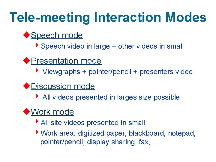 Tele-meeting Interaction Modes u. Speech mode 4 Speech video in large + other videos