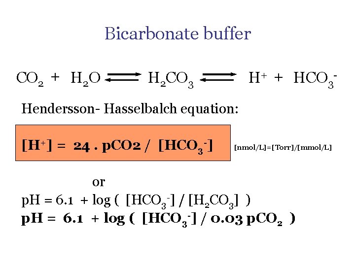 Bicarbonate buffer CO 2 + H 2 O H+ + HCO 3 - H