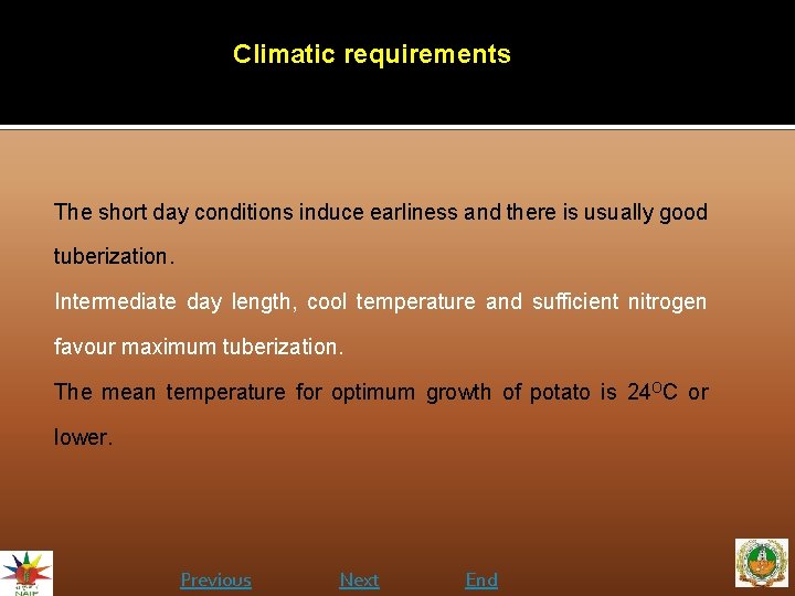 Climatic requirements The short day conditions induce earliness and there is usually good tuberization.