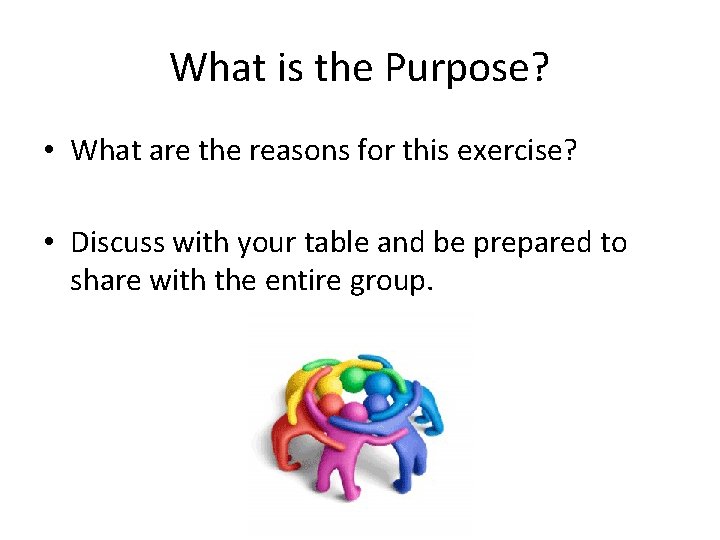 What is the Purpose? • What are the reasons for this exercise? • Discuss