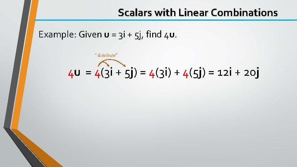 Scalars with Linear Combinations Example: Given u = 3 i + 5 j, find