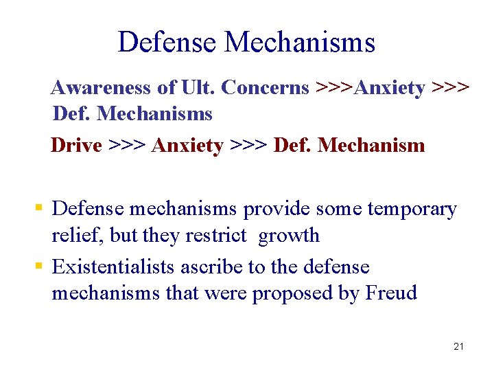 Defense Mechanisms Awareness of Ult. Concerns >>>Anxiety >>> Def. Mechanisms Drive >>> Anxiety >>>