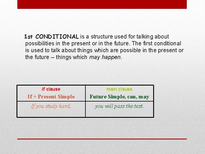 1 st CONDITIONAL is a structure used for talking about possibilities in the present