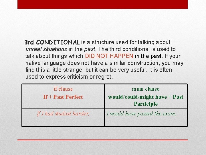3 rd CONDITIONAL is a structure used for talking about unreal situations in the