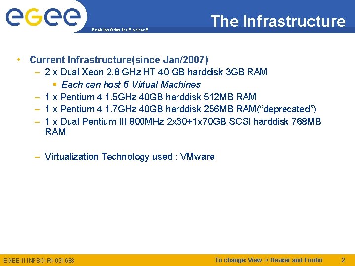 Enabling Grids for E-scienc. E The Infrastructure • Current Infrastructure(since Jan/2007) – 2 x