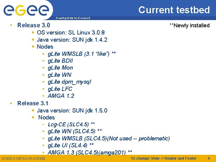 Current testbed Enabling Grids for E-scienc. E • Release 3. 0 OS version: SL