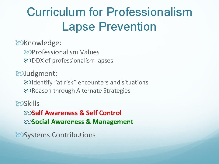 Curriculum for Professionalism Lapse Prevention Knowledge: Professionalism Values DDX of professionalism lapses Judgment: Identify