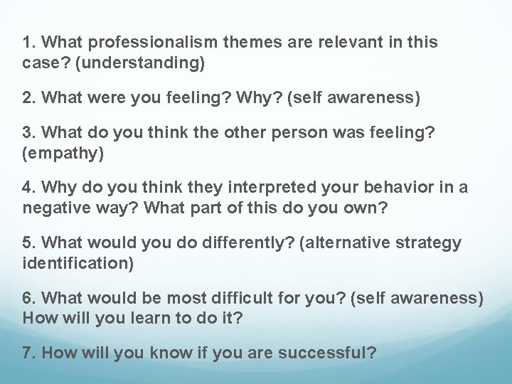 1. What professionalism themes are relevant in this case? (understanding) 2. What were you