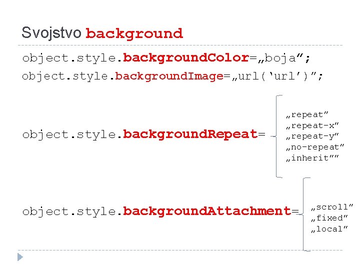 Svojstvo background object. style. background. Color=„boja”; object. style. background. Image=„url(‘url’)”; object. style. background. Repeat=