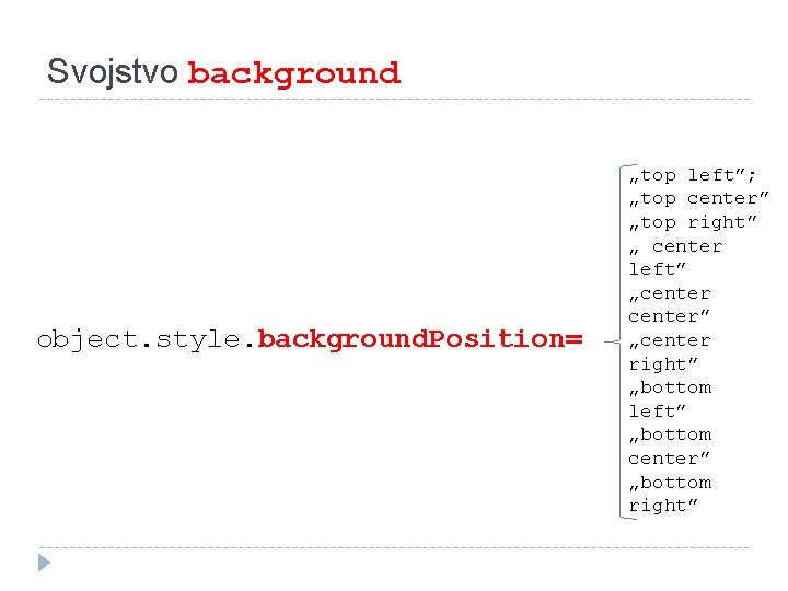 Svojstvo background object. style. background. Position= „top left”; „top center” „top right” „ center
