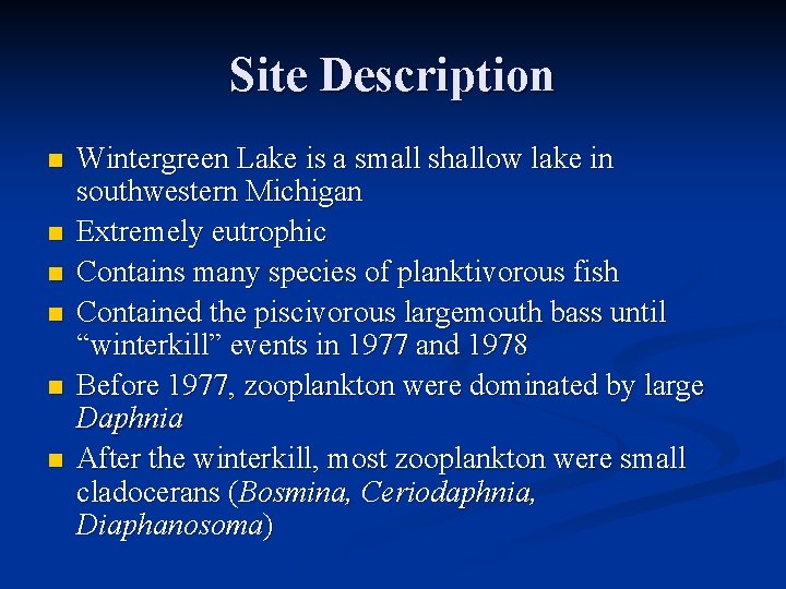 Site Description n n n Wintergreen Lake is a small shallow lake in southwestern