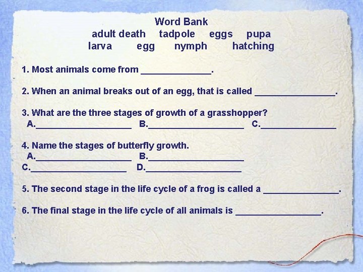 Word Bank adult death tadpole eggs pupa larva egg nymph hatching 1. Most animals