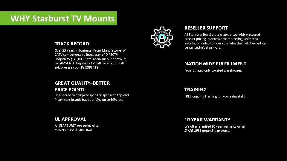 WHY Starburst TV Mounts RESELLER SUPPORT TRACK RECORD Over 33 years in business! From