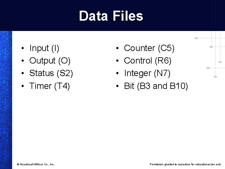Data Files • • Input (I) Output (O) Status (S 2) Timer (T 4)