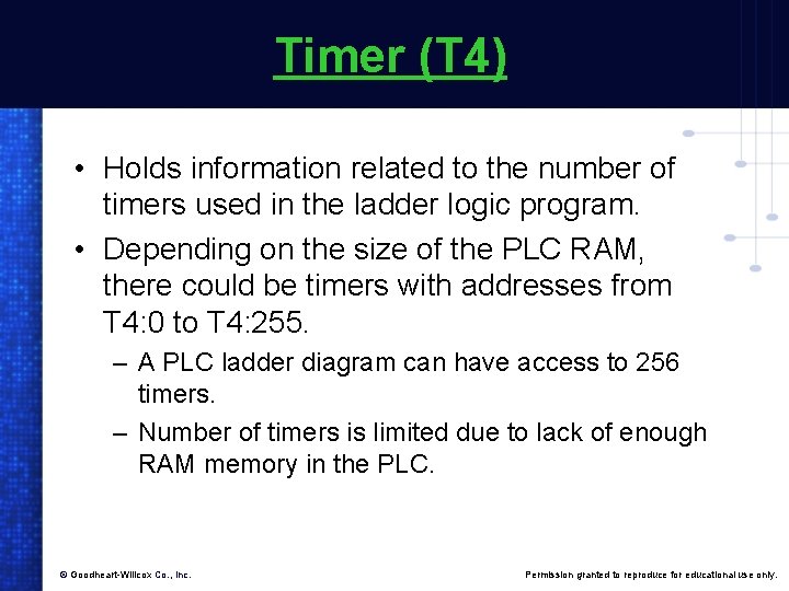 Timer (T 4) • Holds information related to the number of timers used in