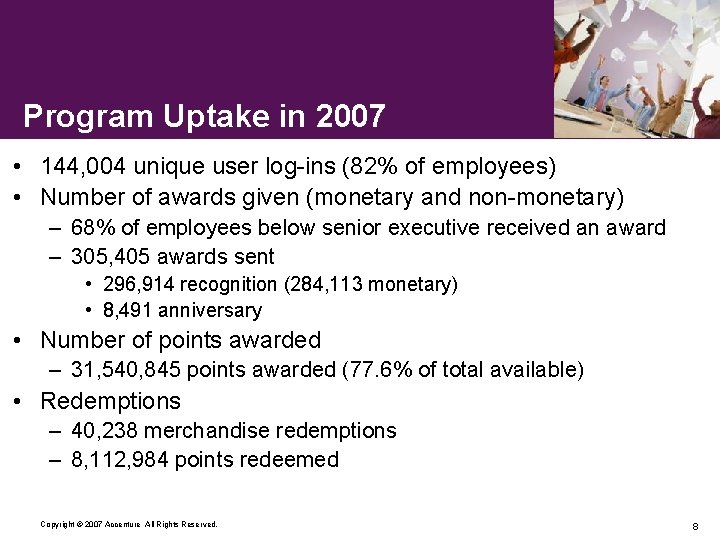 Program Uptake in 2007 • 144, 004 unique user log-ins (82% of employees) •