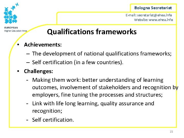 Bologna Secretariat E-mail: secretariat@ehea. info Website: www. ehea. info Qualifications frameworks • Achievements: –