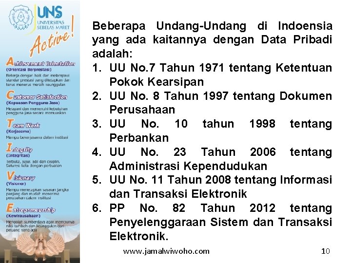 Beberapa Undang-Undang di Indoensia yang ada kaitannya dengan Data Pribadi adalah: 1. UU No.