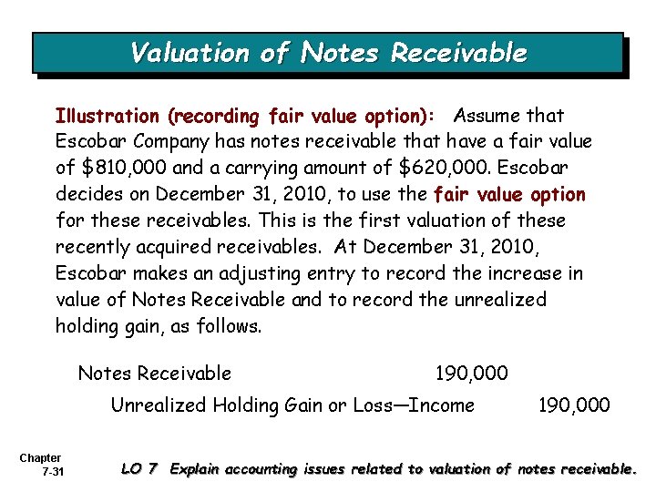Valuation of Notes Receivable Illustration (recording fair value option): Assume that Escobar Company has