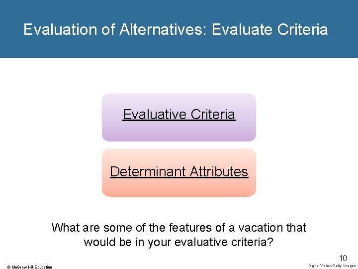 Evaluation of Alternatives: Evaluate Criteria Evaluative Criteria Determinant Attributes What are some of the