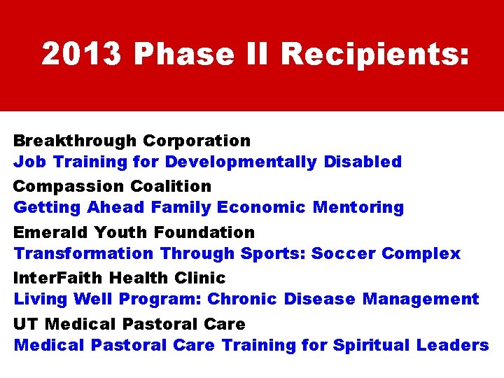 2013 Phase II Recipients: Breakthrough Corporation Job Training for Developmentally Disabled Compassion Coalition Getting