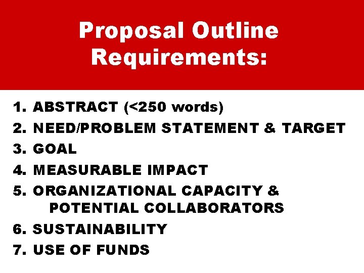 Proposal Outline Requirements: 1. 2. 3. 4. 5. ABSTRACT (<250 words) NEED/PROBLEM STATEMENT &