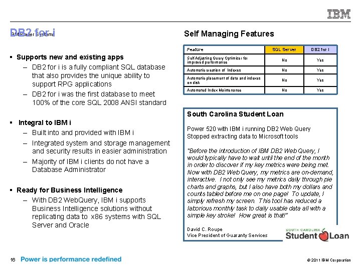 IBM Power for Systemsi DB 2 Self Managing Features Feature § Supports new and